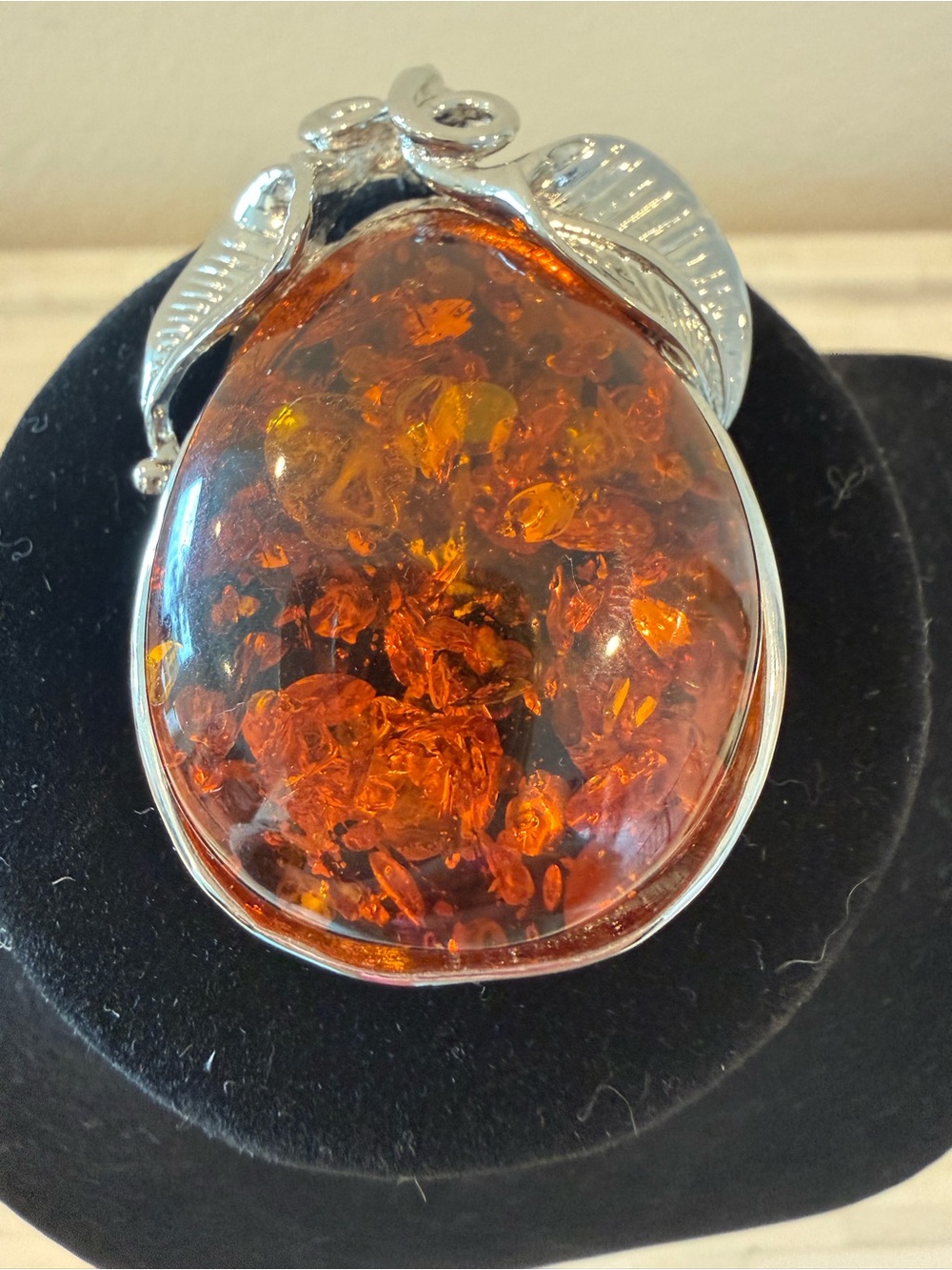 Sterling Silver Amber Teardrop Pendant - Deep Honey Amber